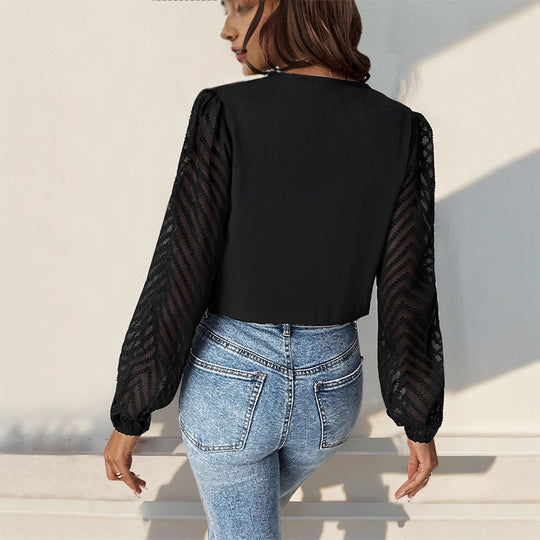 Damen elegantes Body mit voluminösen Ärmel und tiefem V-Ausschnitt EB