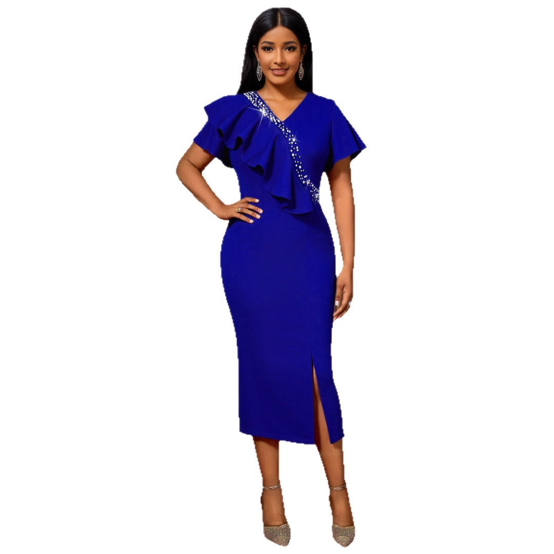 Damen elegantes, figurbetontes Kleid mit Rüschendetails und funkelndem Akzent EB