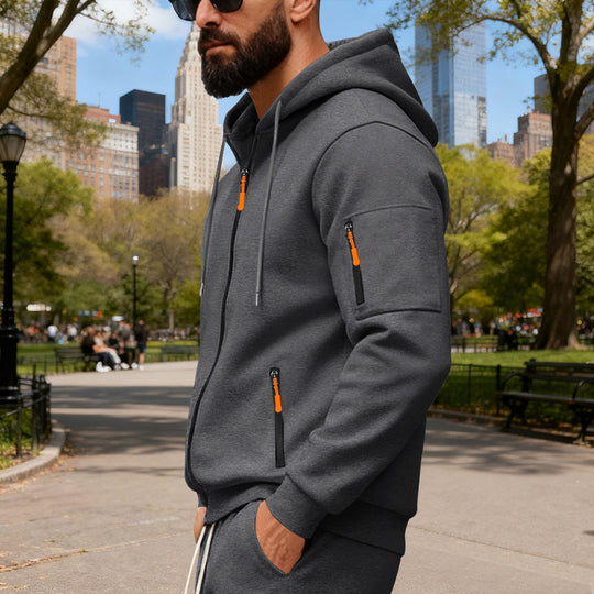 Herren Sportliche Zip-Hoodie mit Innovativen Reißverschlusstaschen EB