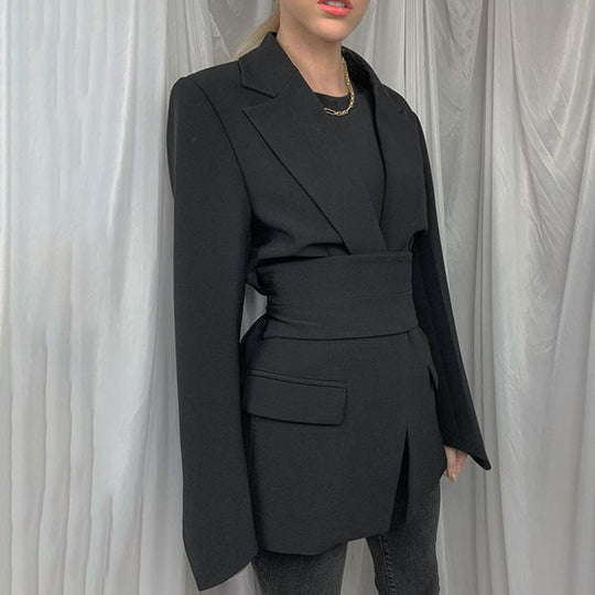 EB | Blazer Longline Tailored Fit Selbstbinder Taille Revers Taschen