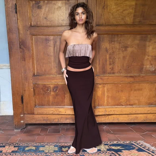 Damen Elegantes Zweiteiliges Abendkleid mit fransendem Oberteil und figurbetonter Silhouette EB