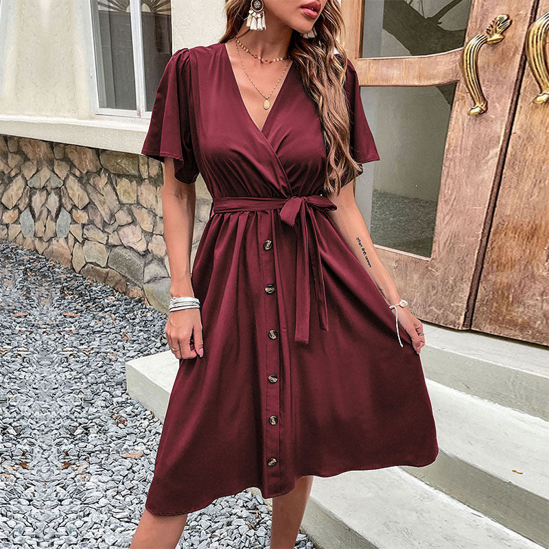 Damen Midi-Kleid mit eleganter Wickeloptik und praktischen Knopfdetails EB