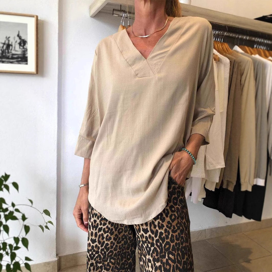 Damen Oversize Tunika mit modernem V-Ausschnitt und lässigen Ärmeln EB