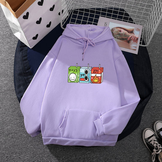 Damen nan oversized Kapuzenpullover mit Cartoon-Getränkekarton-Print, Kängurutasche und weichem Innenfutter EB