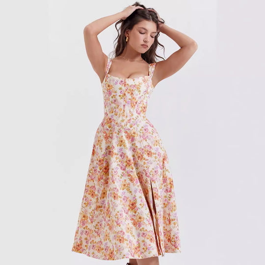 Damen Maxikleid mit floralem Schnitt und schwingendem Rock EB