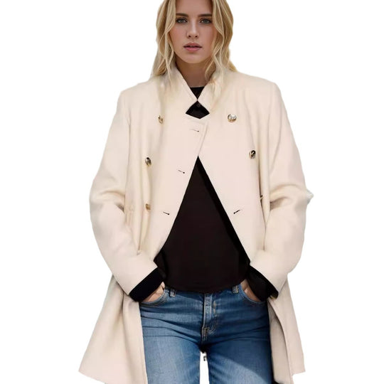 Damen modischer kurzer Mantel mit doppelter Knopfreihe und eleganter Stehkragen EB