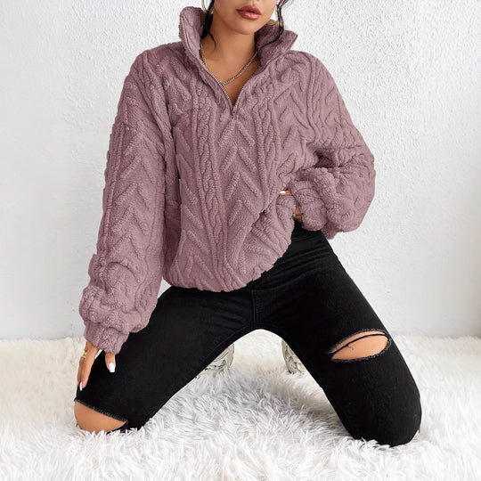 Damen Gemusterter Oversized-Fleece-Pullover mit hohem Kragen EB