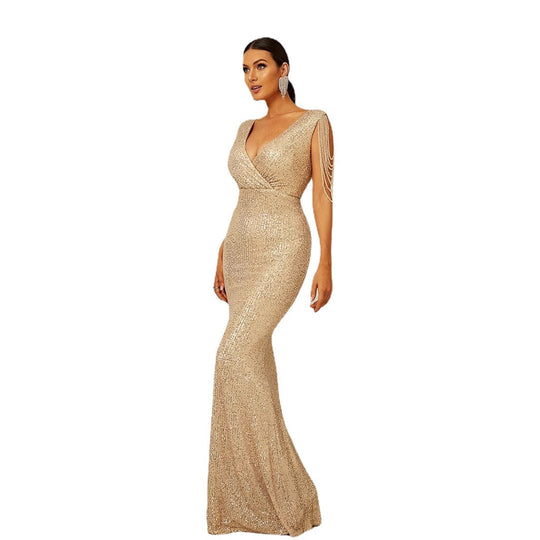 Damen Glamouröses Abendkleid mit funkelnden Pailletten und schulterfreien Ärmeln EB