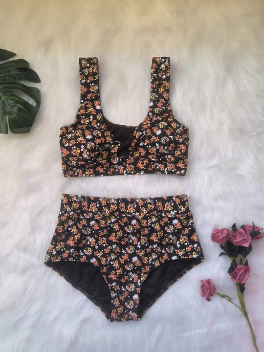 Damen Hochgeschnittenes Bikini-Set mit Blumenmuster EB