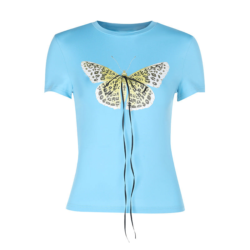 Damen Basic T-Shirt mit lebendigem Schmetterlingsdruck und verstellbarem Kordelzug EB