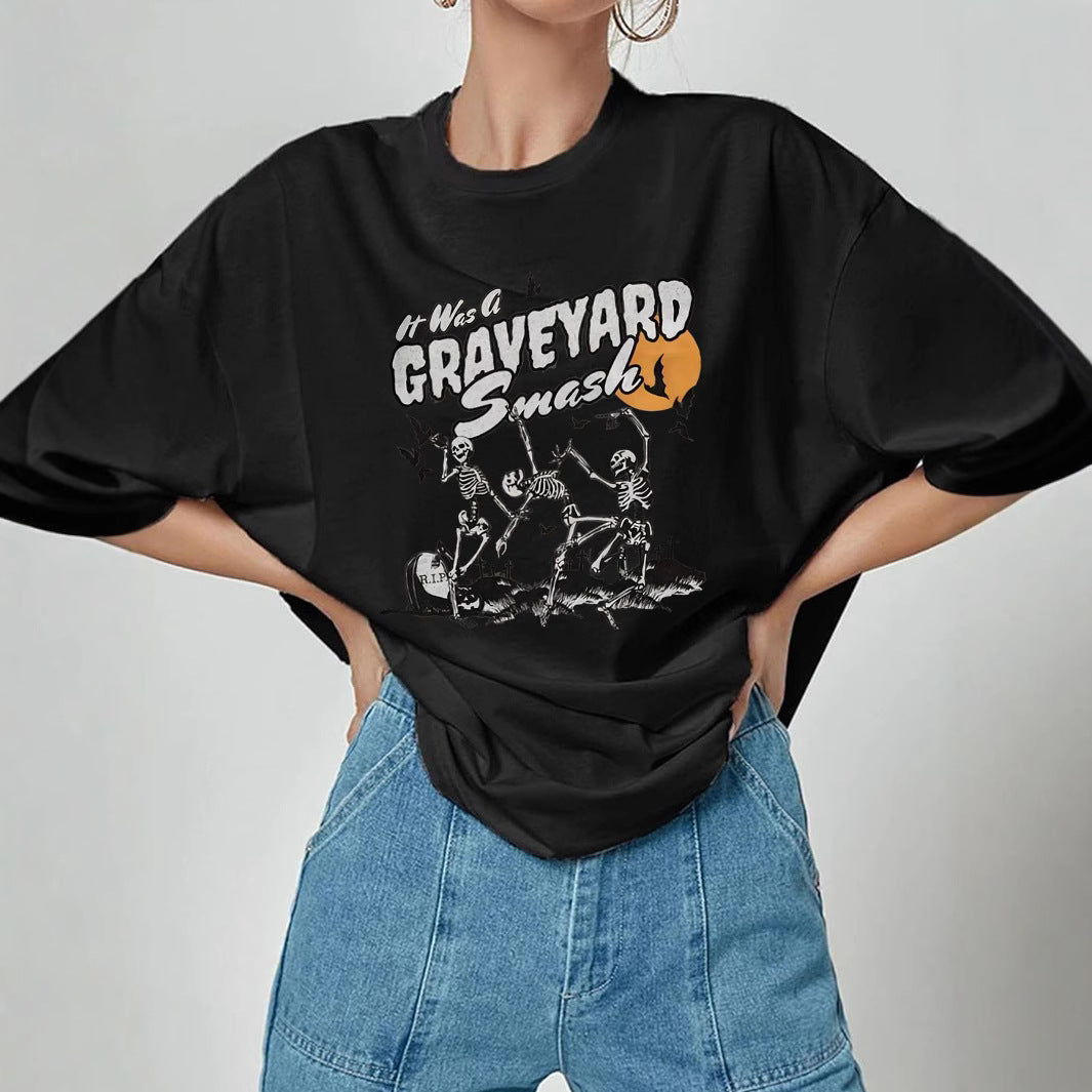 Damen T-Shirt mit künstlerischem Skelettmotiv und einzigartigem Druck EB