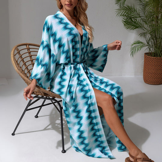 Damen Langer Strandkaftan mit V-Ausschnitt, Taillen-Bindegürtel & hohem Beinschlitz EB
