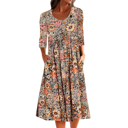 Damen Midi-Kleid mit floralem Design und praktischen Taschen EB