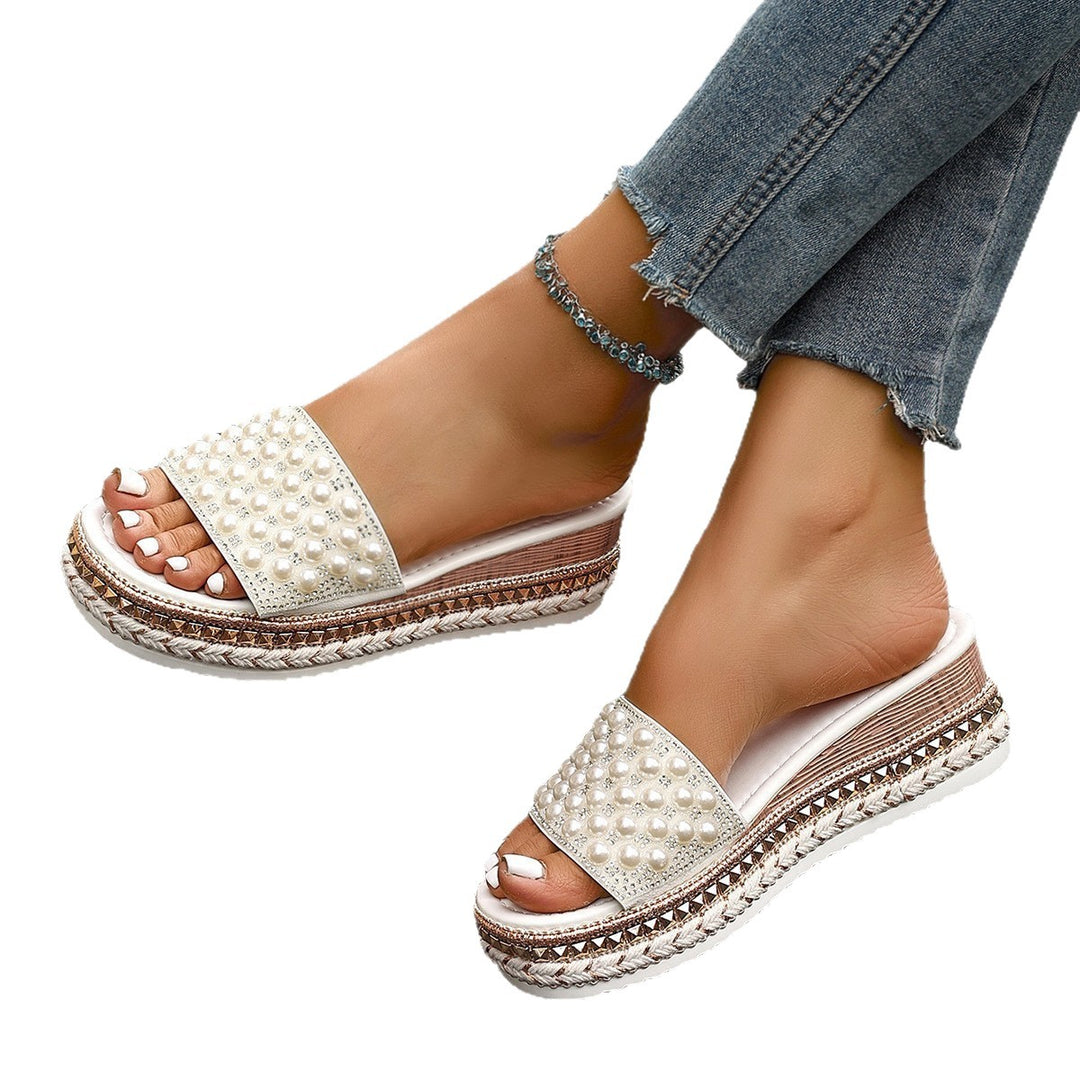 Damen Glamouröse Plateau-Slipper mit Perlenverzierung und geflochtenem Detail EB