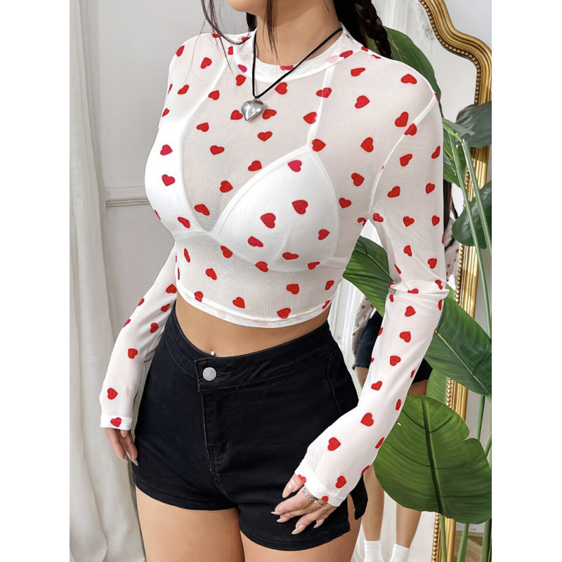 Damen Langärmliges Crop-Top mit Herzmuster und transparenter Anmutung EB