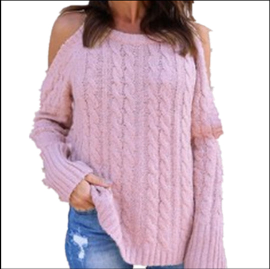 Damen Strickpullover mit offenen Schultern und dekorativem Zopfdesign EB