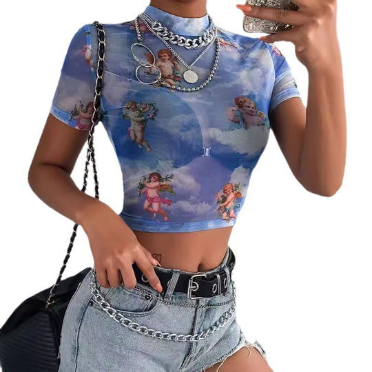 Damen Hochgeschlossenes Crop-Top mit romantischem Engelmotiven EB