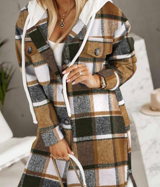 Damen Longline-Strickmantel mit Kapuze, Zierknöpfen und Kontrasttaschen EB