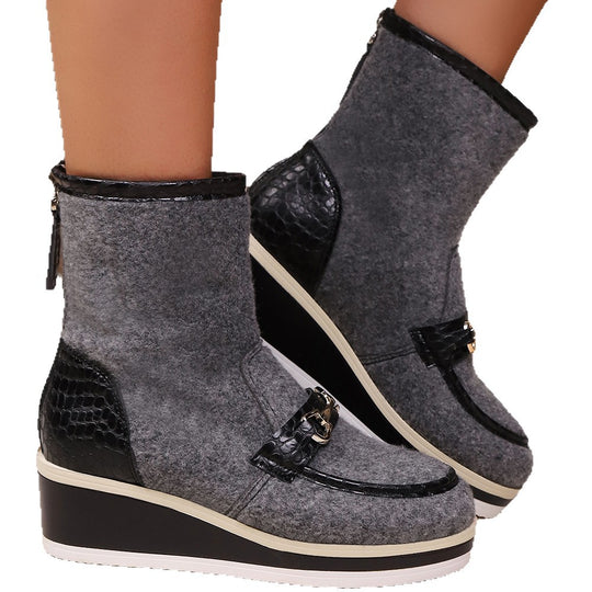 Damen Komfortable Wedge-Stiefeletten aus weichem Wollfilz mit modischem Krokodil-Detail EB