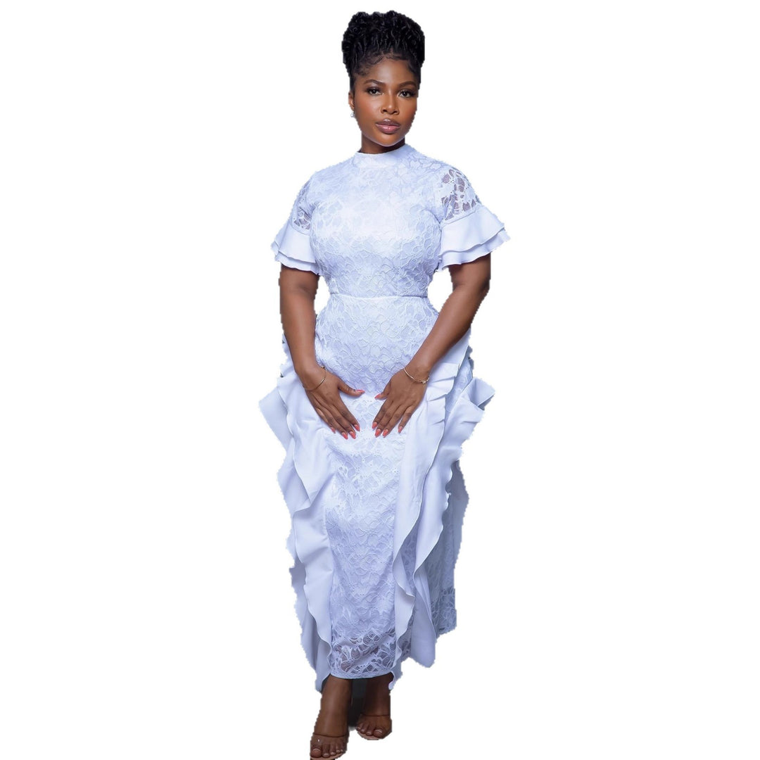 Damen Elegantes Maxikleid mit Rüschen und Spitzenärmel EB