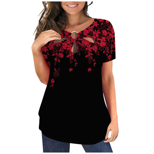 Damen elegantes Oberteil mit floralem Cut-Out-Design und glänzendem Ringeinsatz EB