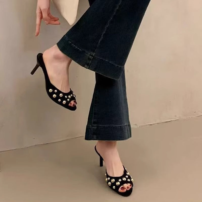 Damen elegante Mules mit funkelnden Perlen EB