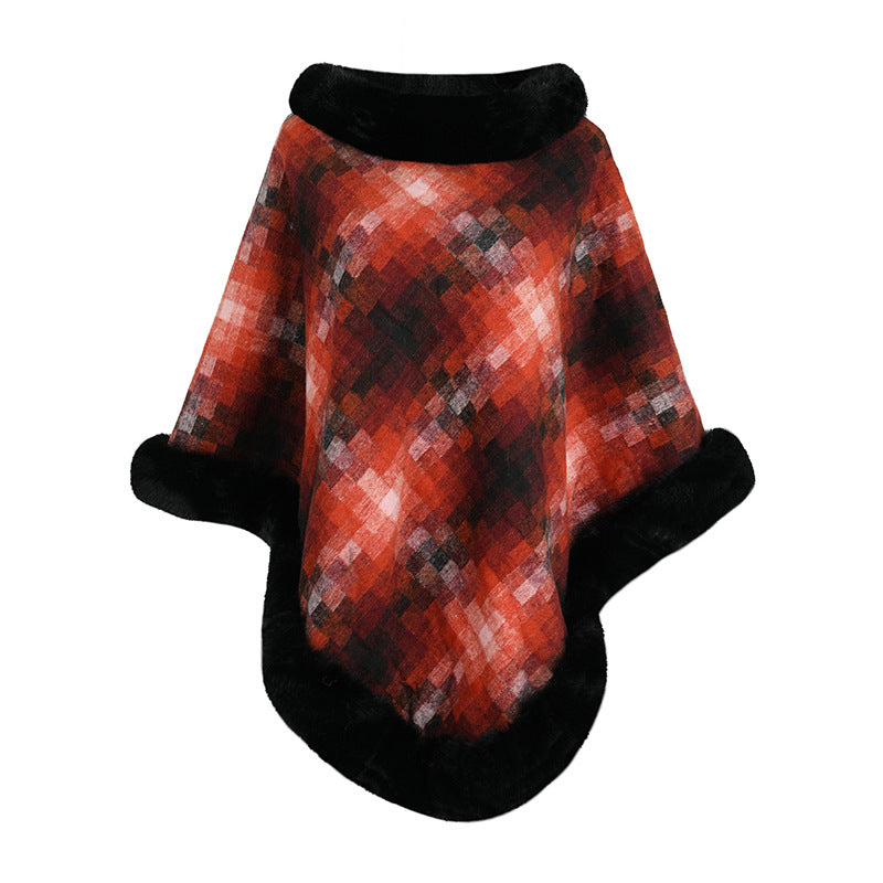 Damen modischer Poncho mit luxuriösem Kunstpelzkragen EB