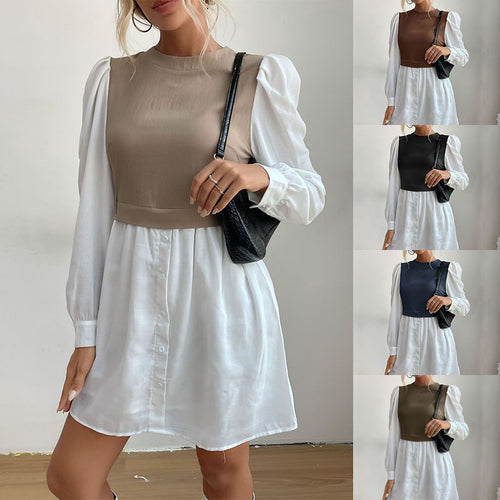 Damen modisches Hemdkleid mit eleganten Puffärmeln und knöpfbarem Vorderteil EB