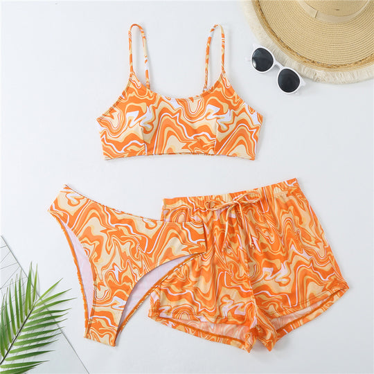 Damen Bikini-Set mit kreativem Marmormuster und bequemem Shorts EB