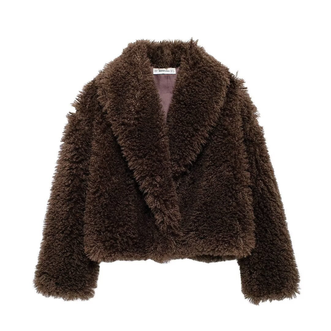Damen nan kurze kuschelige Kunstfell-Cropped-Jacke mit großzügigem Schalkragen und offener Front EB