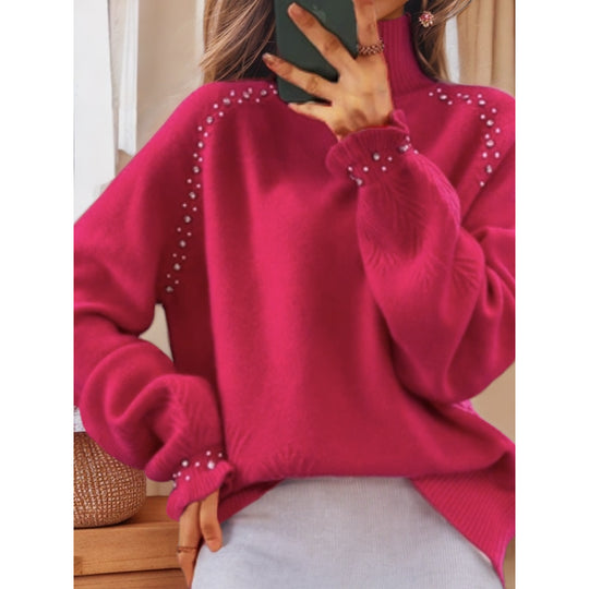 Damen nan Oversize Strickpullover mit Stehkragen und Perlendetails EB