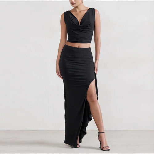 Damen Elegantes Crop-Top und Maxi-Rock Set mit hohem Schlitz EB