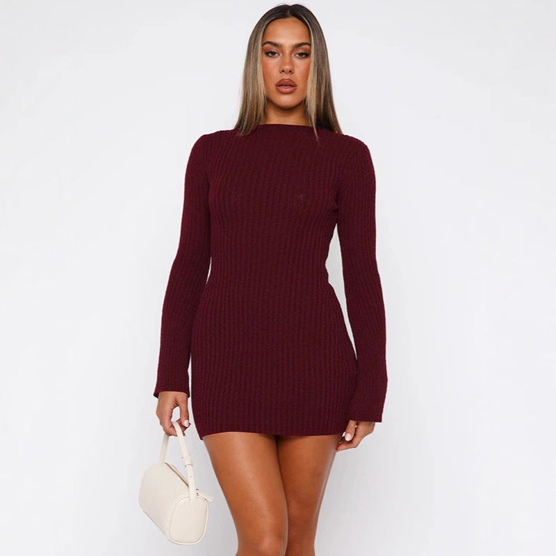 Damen Figurumspielendes Strick-Minikleid mit langen Ärmeln EB