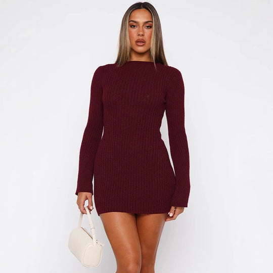 Damen Figurumspielendes Strick-Minikleid mit langen Ärmeln EB