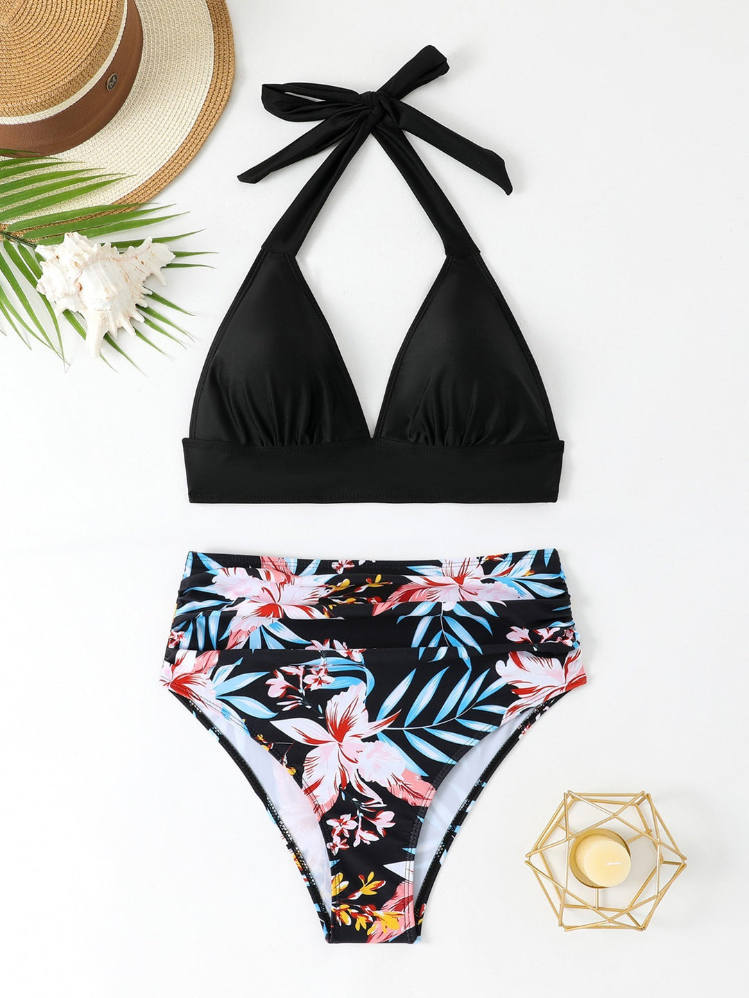 Damen Triangel-Bikini-Set mit hohem Bund und floralem Design EB