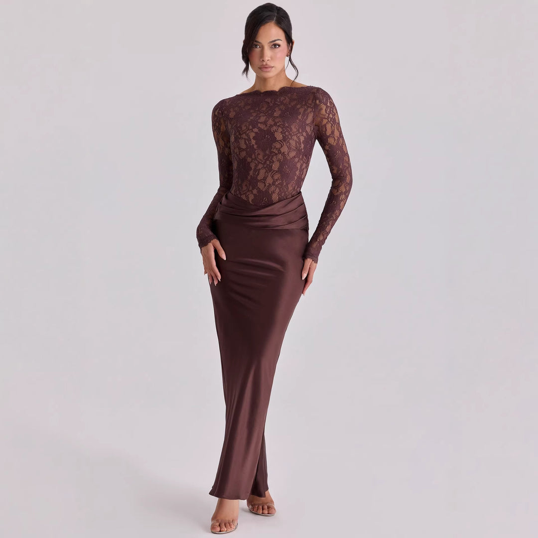 Damen Elegantes Spitzenoberteil mit fließendem Satinkleid EB