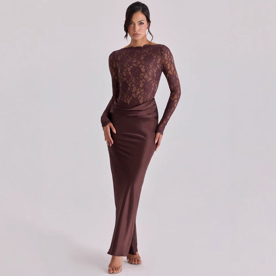 Damen Elegantes Spitzenoberteil mit fließendem Satinkleid EB