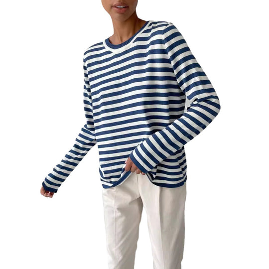 Damen nan gestreifter Baumwollpullover mit Rundhals und legerer Passform EB