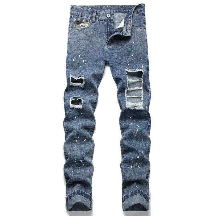Herren Ripped Denim-Jeans mit kreativen Farbklecksen und lässigem Schnitt EB