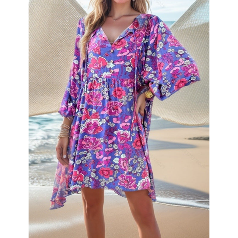 Damen lässiges Freizeitkleid mit lockerer Passform und buntem Blumendesign EB