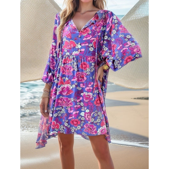 Damen lässiges Freizeitkleid mit lockerer Passform und buntem Blumendesign EB