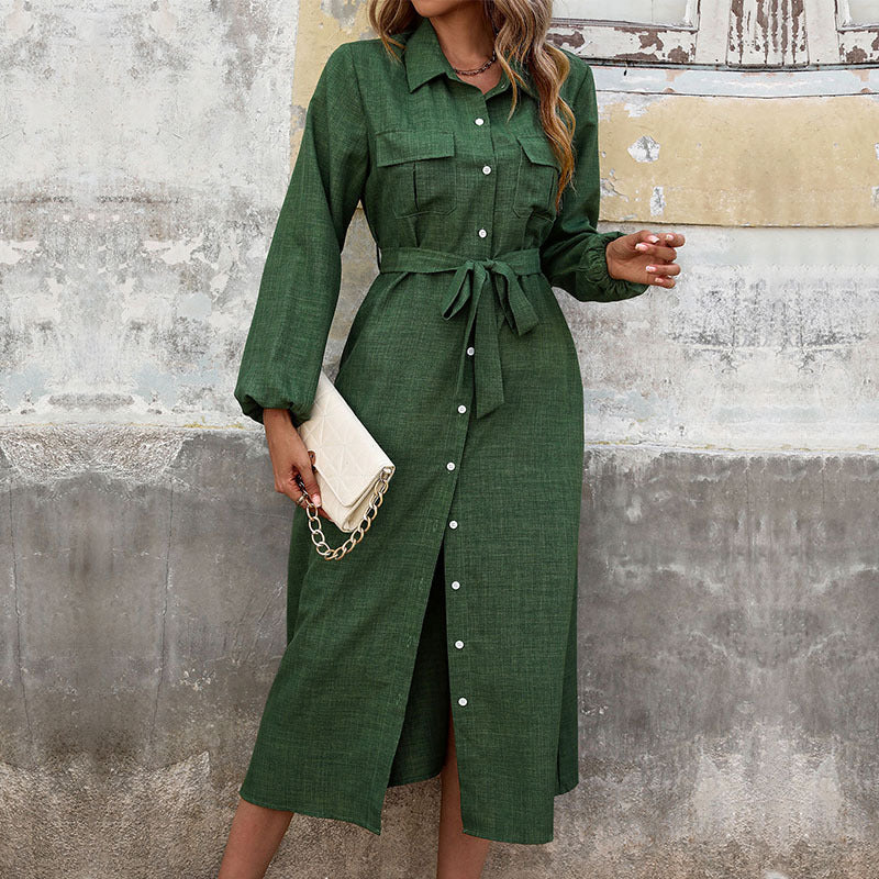 Damen Hemdkleid mit Bindegürtel und aufgesetzten Taschen EB