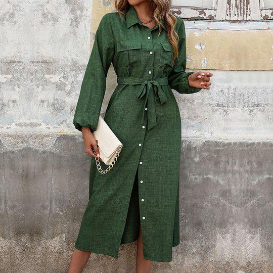 Damen Hemdkleid mit Bindegürtel und aufgesetzten Taschen EB