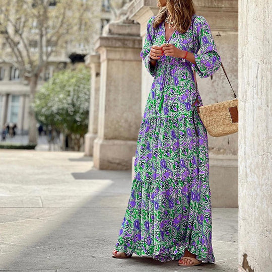 Damen Maxikleid mit elegantem Paisleymuster und Knopfdetails EB