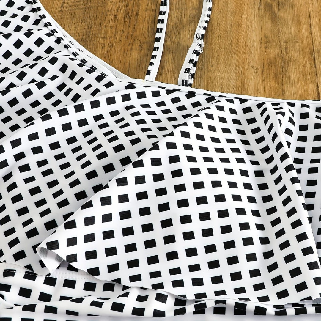 Damen Badeanzug-Set mit Rüschendetails und elegantem Karomuster EB