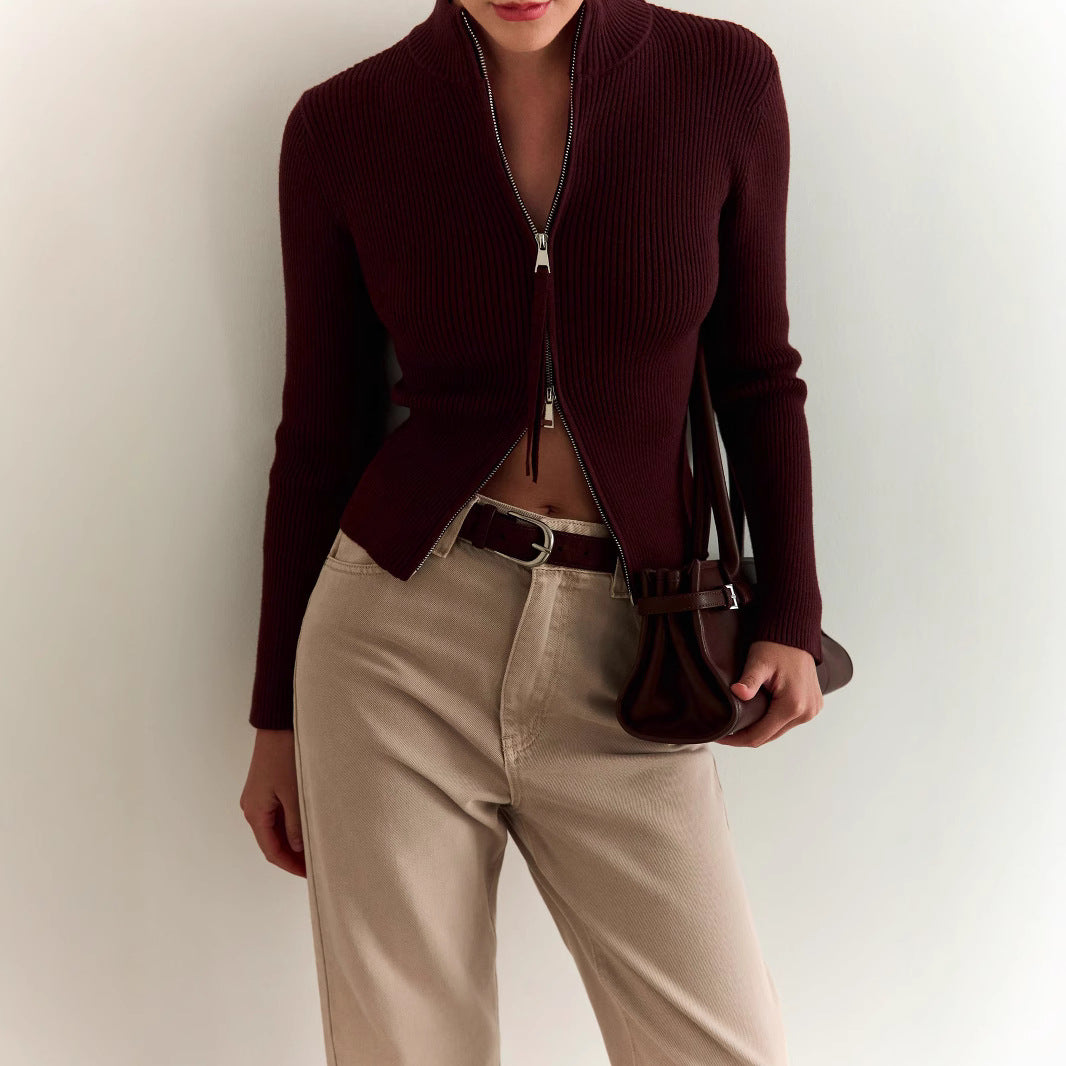 Damen Strickpullover mit hohen Kragen und Reißverschluss EB