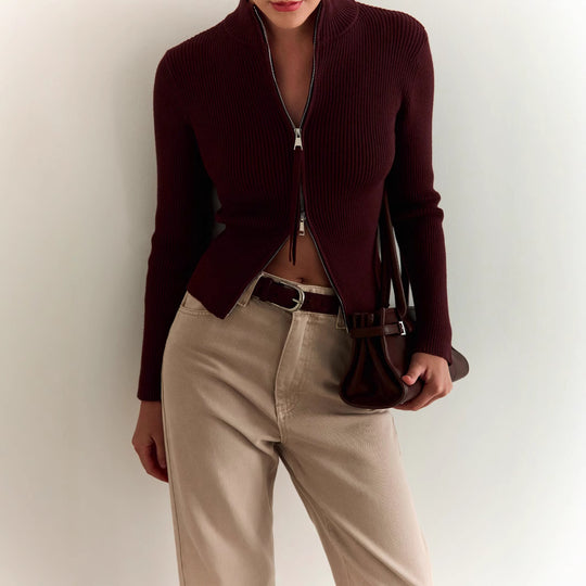 Damen Strickpullover mit hohen Kragen und Reißverschluss EB