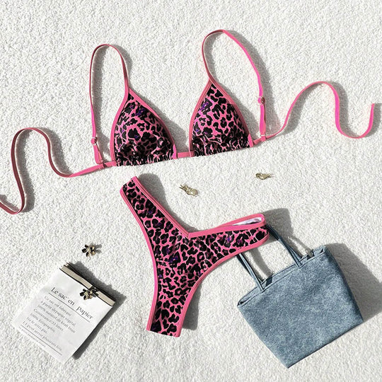 Damen Triangel-Bikini mit aufregendem Leopardenmuster und verstellbaren Trägern EB