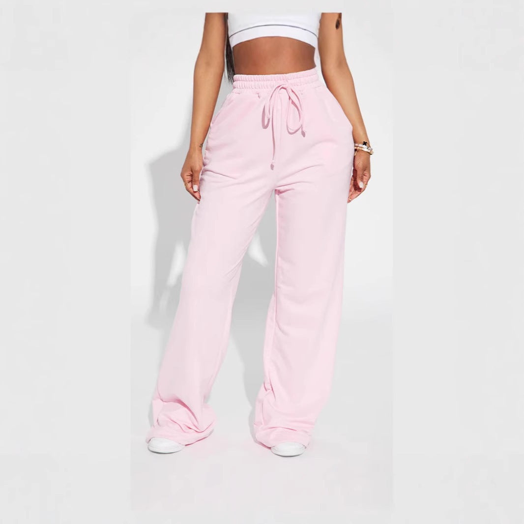 Damen nan breite High-Waist Loungehose aus weichem Baumwollmix mit Kordelzug und Eingrifftaschen EB