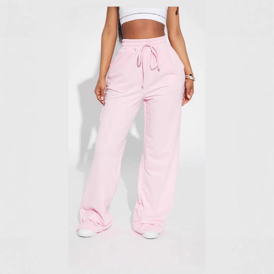 Damen nan breite High-Waist Loungehose aus weichem Baumwollmix mit Kordelzug und Eingrifftaschen EB